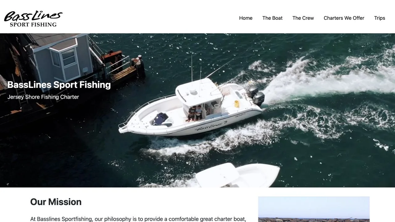 BassLines Sport Fishing homepage showing its charter boat and Jersey Shore fishing introduction